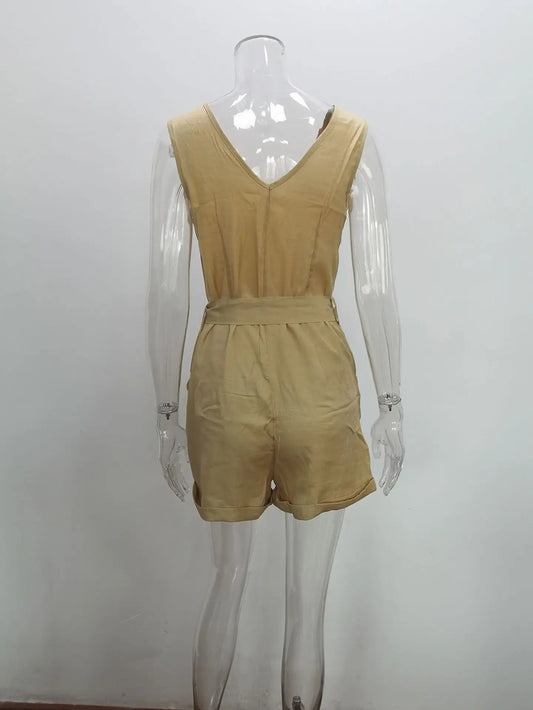 Women's Casual V - neck Monochromatic Jumpsuit, Five - Point Shorts, European and American, Summer, New, 2024 - WAREHOUSE SHOP