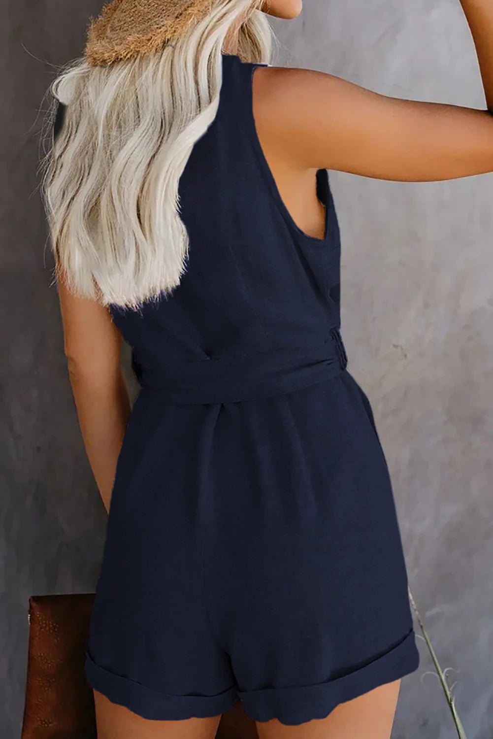 Women's Casual V - neck Monochromatic Jumpsuit, Five - Point Shorts, European and American, Summer, New, 2024 - WAREHOUSE SHOP
