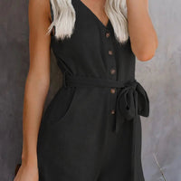 Women's Casual V - neck Monochromatic Jumpsuit, Five - Point Shorts, European and American, Summer, New, 2024 - WAREHOUSE SHOP