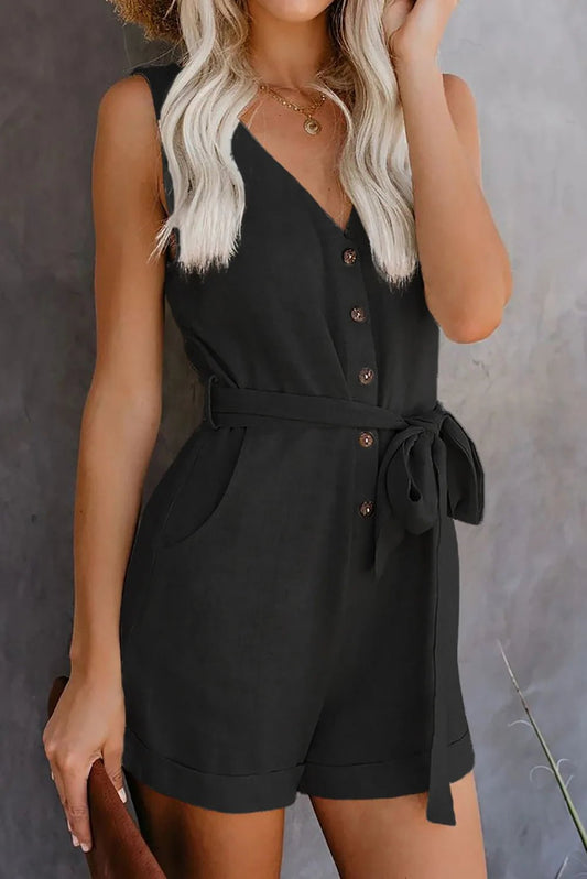 Women's Casual V - neck Monochromatic Jumpsuit, Five - Point Shorts, European and American, Summer, New, 2024 - WAREHOUSE SHOP