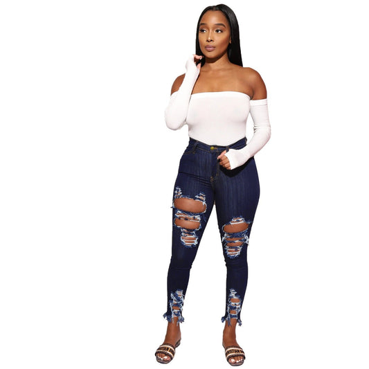 Women's Cotton Elastic Ripped Elastic Foot Pants - WAREHOUSE SHOP