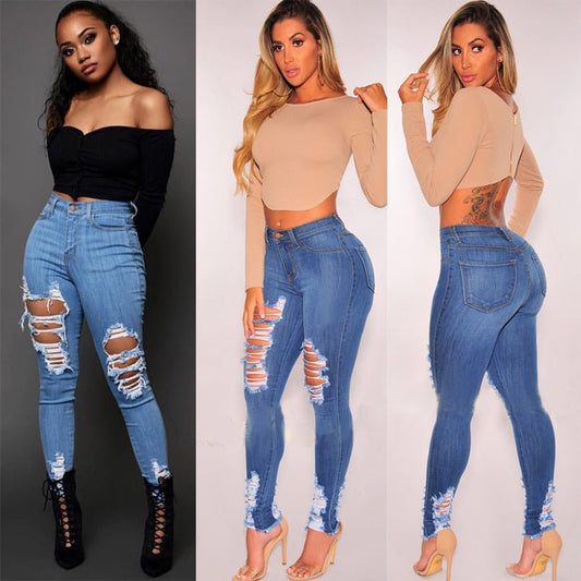 Women's Cotton Elastic Ripped Elastic Foot Pants - WAREHOUSE SHOP