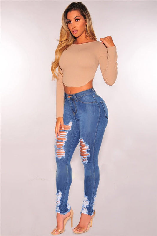 Women's Cotton Elastic Ripped Elastic Foot Pants - WAREHOUSE SHOP