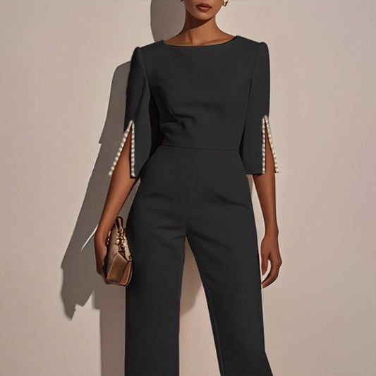 Women's Elegant Round Neck Jumpsuit - Mid - Sleeve With Side Slit Cuffs & Pearl Accents, Back Zipper Design For Casual To Formal Events - WAREHOUSE SHOP