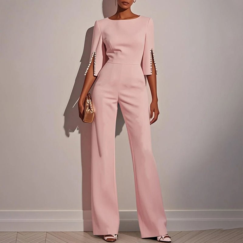 Women's Elegant Round Neck Jumpsuit - Mid - Sleeve With Side Slit Cuffs & Pearl Accents, Back Zipper Design For Casual To Formal Events - WAREHOUSE SHOP