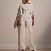 Women's Elegant Round Neck Jumpsuit - Mid - Sleeve With Side Slit Cuffs & Pearl Accents, Back Zipper Design For Casual To Formal Events - WAREHOUSE SHOP