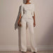 Women's Elegant Round Neck Jumpsuit - Mid - Sleeve With Side Slit Cuffs & Pearl Accents, Back Zipper Design For Casual To Formal Events - WAREHOUSE SHOP