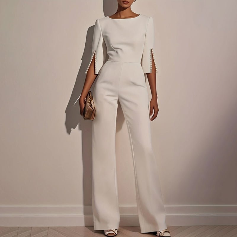 Women's Elegant Round Neck Jumpsuit - Mid - Sleeve With Side Slit Cuffs & Pearl Accents, Back Zipper Design For Casual To Formal Events - WAREHOUSE SHOP