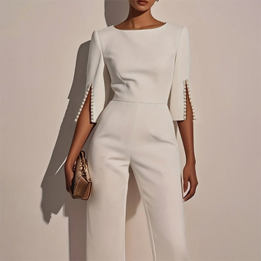 Women's Elegant Round Neck Jumpsuit - Mid - Sleeve With Side Slit Cuffs & Pearl Accents, Back Zipper Design For Casual To Formal Events - WAREHOUSE SHOP