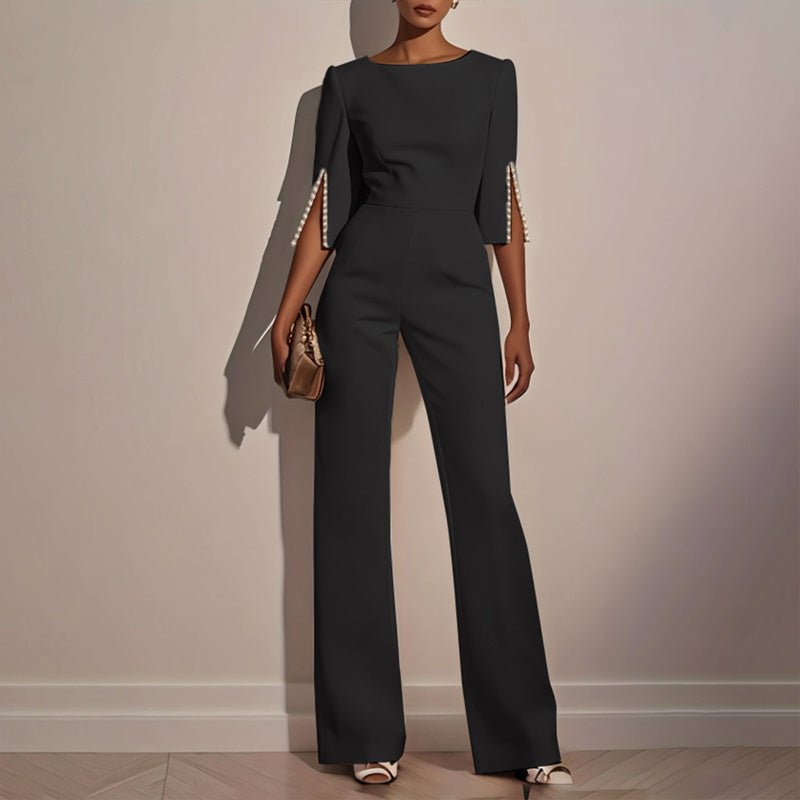 Women's Elegant Round Neck Jumpsuit - Mid - Sleeve With Side Slit Cuffs & Pearl Accents, Back Zipper Design For Casual To Formal Events - WAREHOUSE SHOP