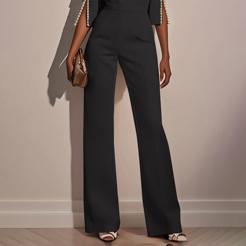 Women's Elegant Round Neck Jumpsuit - Mid - Sleeve With Side Slit Cuffs & Pearl Accents, Back Zipper Design For Casual To Formal Events - WAREHOUSE SHOP
