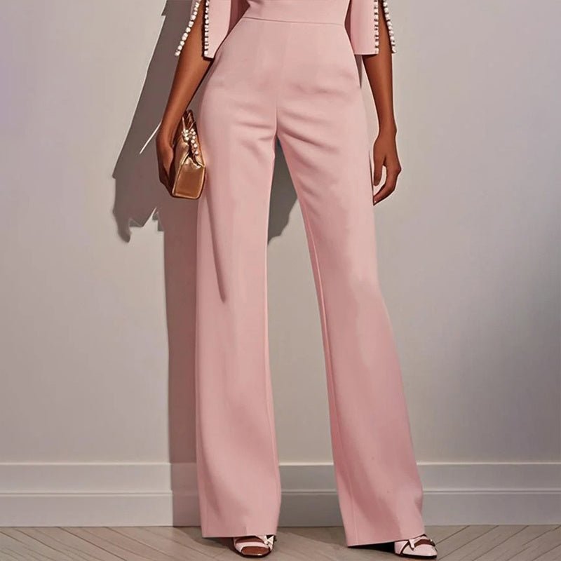 Women's Elegant Round Neck Jumpsuit - Mid - Sleeve With Side Slit Cuffs & Pearl Accents, Back Zipper Design For Casual To Formal Events - WAREHOUSE SHOP