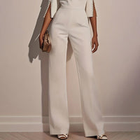 Women's Elegant Round Neck Jumpsuit - Mid - Sleeve With Side Slit Cuffs & Pearl Accents, Back Zipper Design For Casual To Formal Events - WAREHOUSE SHOP