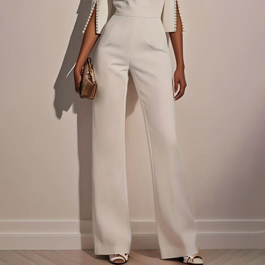 Women's Elegant Round Neck Jumpsuit - Mid - Sleeve With Side Slit Cuffs & Pearl Accents, Back Zipper Design For Casual To Formal Events - WAREHOUSE SHOP