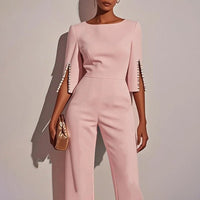 Women's Elegant Round Neck Jumpsuit - Mid - Sleeve With Side Slit Cuffs & Pearl Accents, Back Zipper Design For Casual To Formal Events - WAREHOUSE SHOP