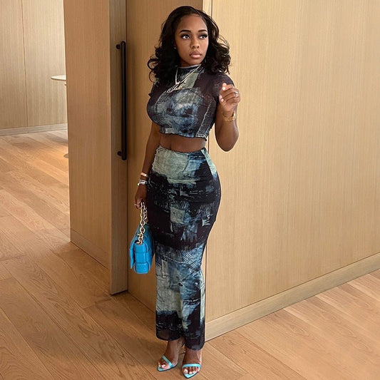 Women's Fashion Round Neck Midriff - baring T-shirt High Waist Hip Skirt Bottoming Casual Suit - WAREHOUSE SHOP