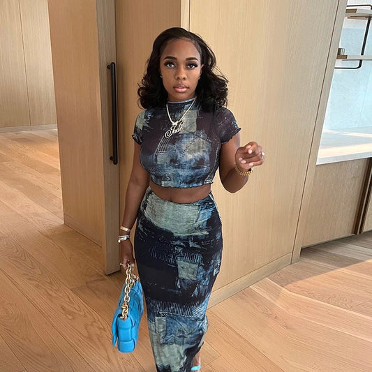 Women's Fashion Round Neck Midriff - baring T-shirt High Waist Hip Skirt Bottoming Casual Suit - WAREHOUSE SHOP