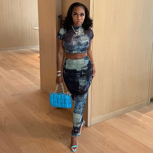 Women's Fashion Round Neck Midriff - baring T-shirt High Waist Hip Skirt Bottoming Casual Suit - WAREHOUSE SHOP