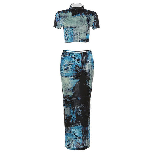 Women's Fashion Round Neck Midriff - baring T-shirt High Waist Hip Skirt Bottoming Casual Suit - WAREHOUSE SHOP