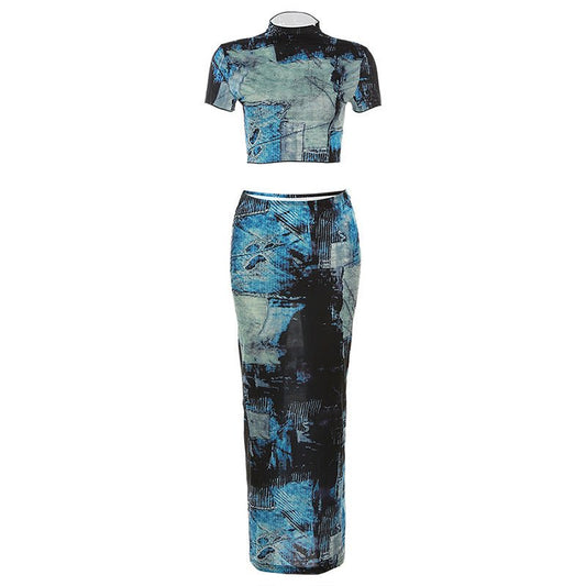Women's Fashion Round Neck Midriff - baring T-shirt High Waist Hip Skirt Bottoming Casual Suit - WAREHOUSE SHOP