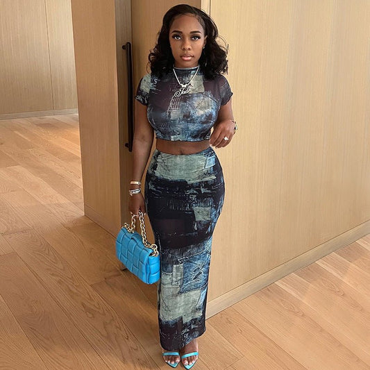 Women's Fashion Round Neck Midriff - baring T-shirt High Waist Hip Skirt Bottoming Casual Suit - WAREHOUSE SHOP
