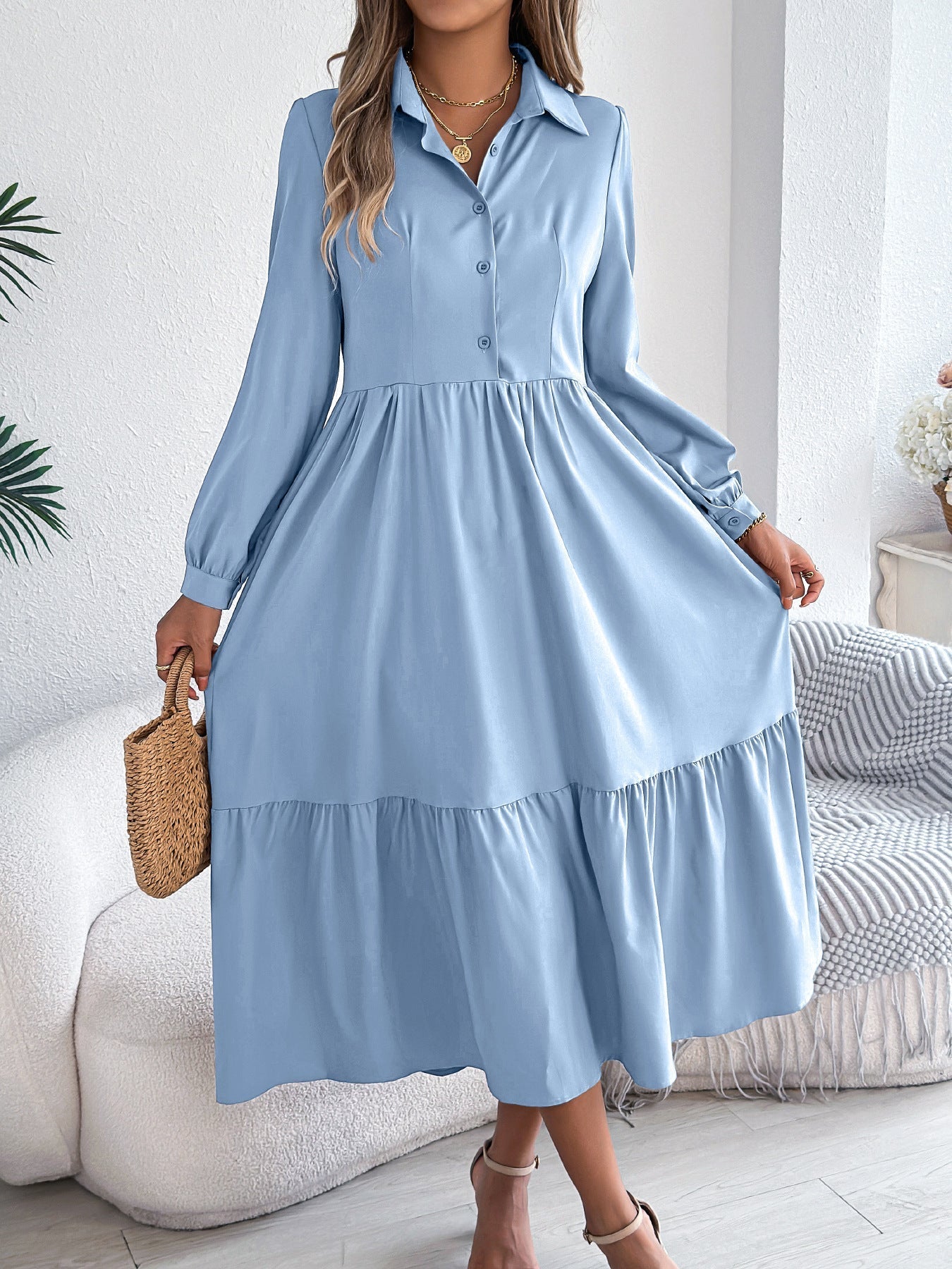 Women's Lapel Casual Loose Long Sleeve Ruffled Shirt Dresses Long Sleeved Turn - down Collar Single - Breasted Dress Spring Autumn Fashion Women's Clothing For Vacation - WAREHOUSE SHOP