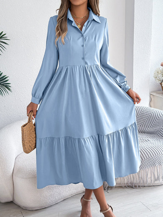 Women's Lapel Casual Loose Long Sleeve Ruffled Shirt Dresses Long Sleeved Turn - down Collar Single - Breasted Dress Spring Autumn Fashion Women's Clothing For Vacation - WAREHOUSE SHOP