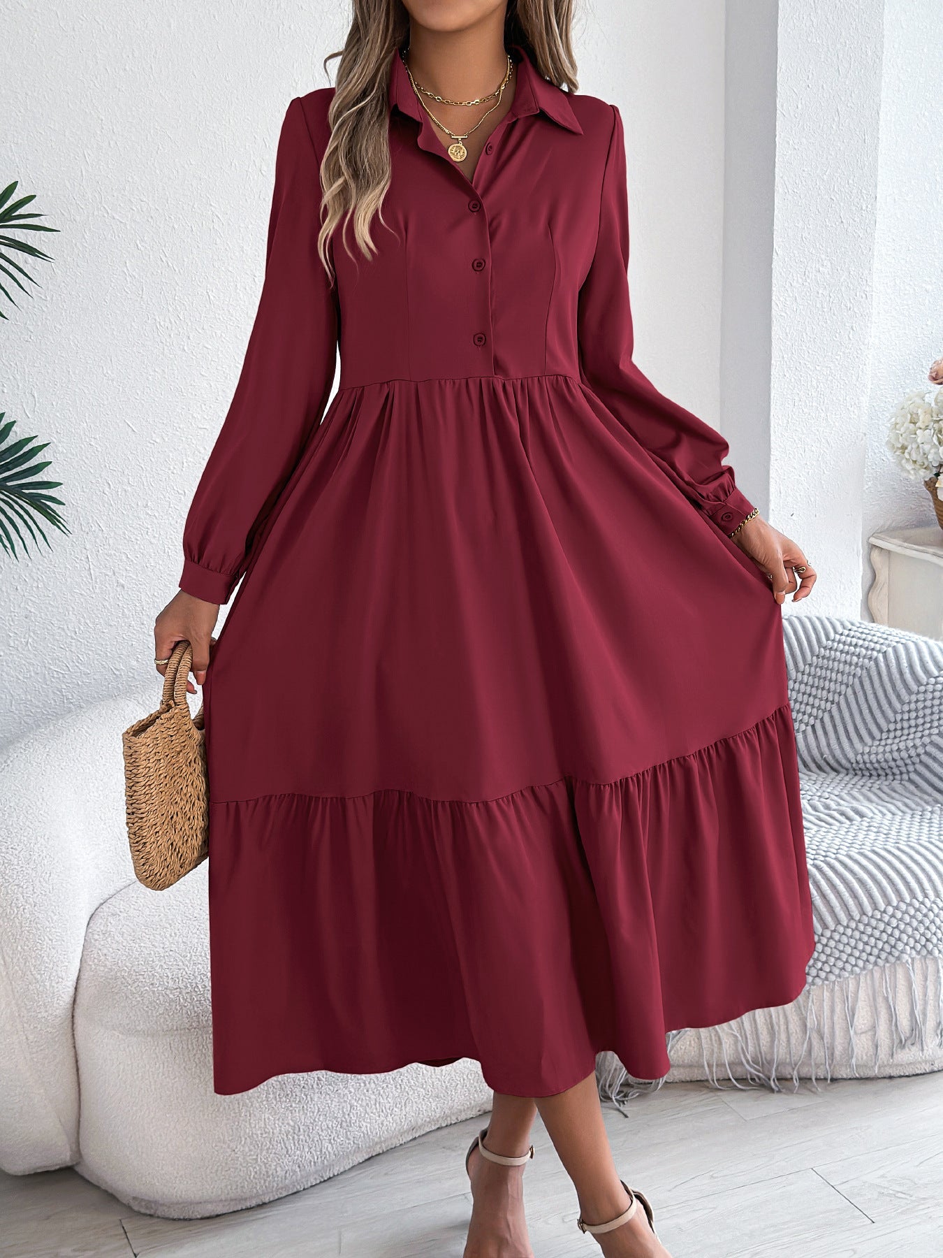 Women's Lapel Casual Loose Long Sleeve Ruffled Shirt Dresses Long Sleeved Turn - down Collar Single - Breasted Dress Spring Autumn Fashion Women's Clothing For Vacation - WAREHOUSE SHOP
