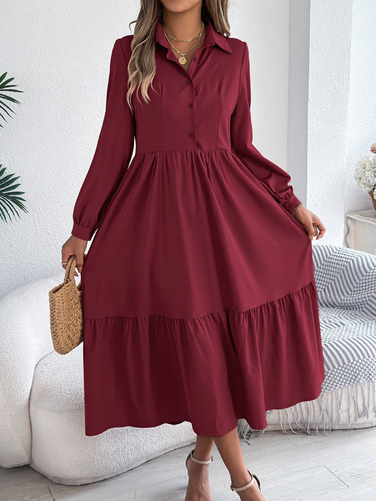 Women's Lapel Casual Loose Long Sleeve Ruffled Shirt Dresses Long Sleeved Turn - down Collar Single - Breasted Dress Spring Autumn Fashion Women's Clothing For Vacation - WAREHOUSE SHOP