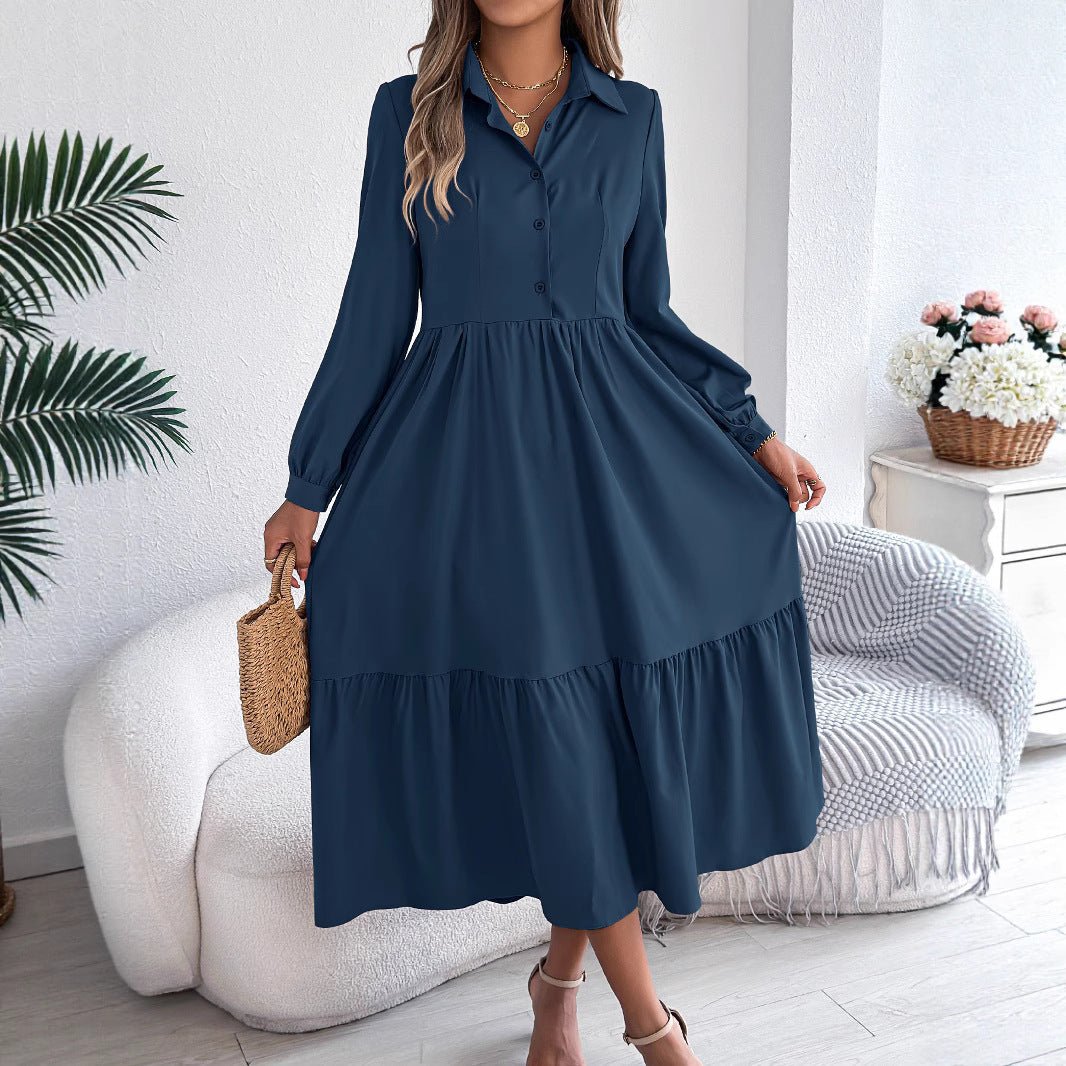 Women's Lapel Casual Loose Long Sleeve Ruffled Shirt Dresses Long Sleeved Turn - down Collar Single - Breasted Dress Spring Autumn Fashion Women's Clothing For Vacation - WAREHOUSE SHOP