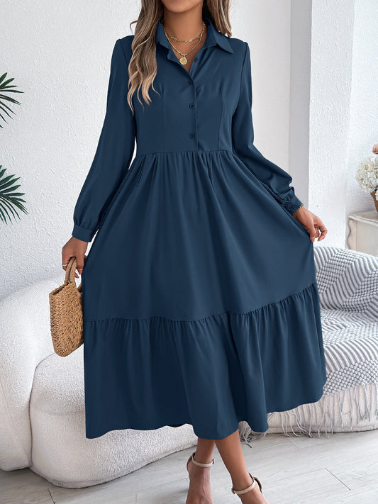 Women's Lapel Casual Loose Long Sleeve Ruffled Shirt Dresses Long Sleeved Turn - down Collar Single - Breasted Dress Spring Autumn Fashion Women's Clothing For Vacation - WAREHOUSE SHOP