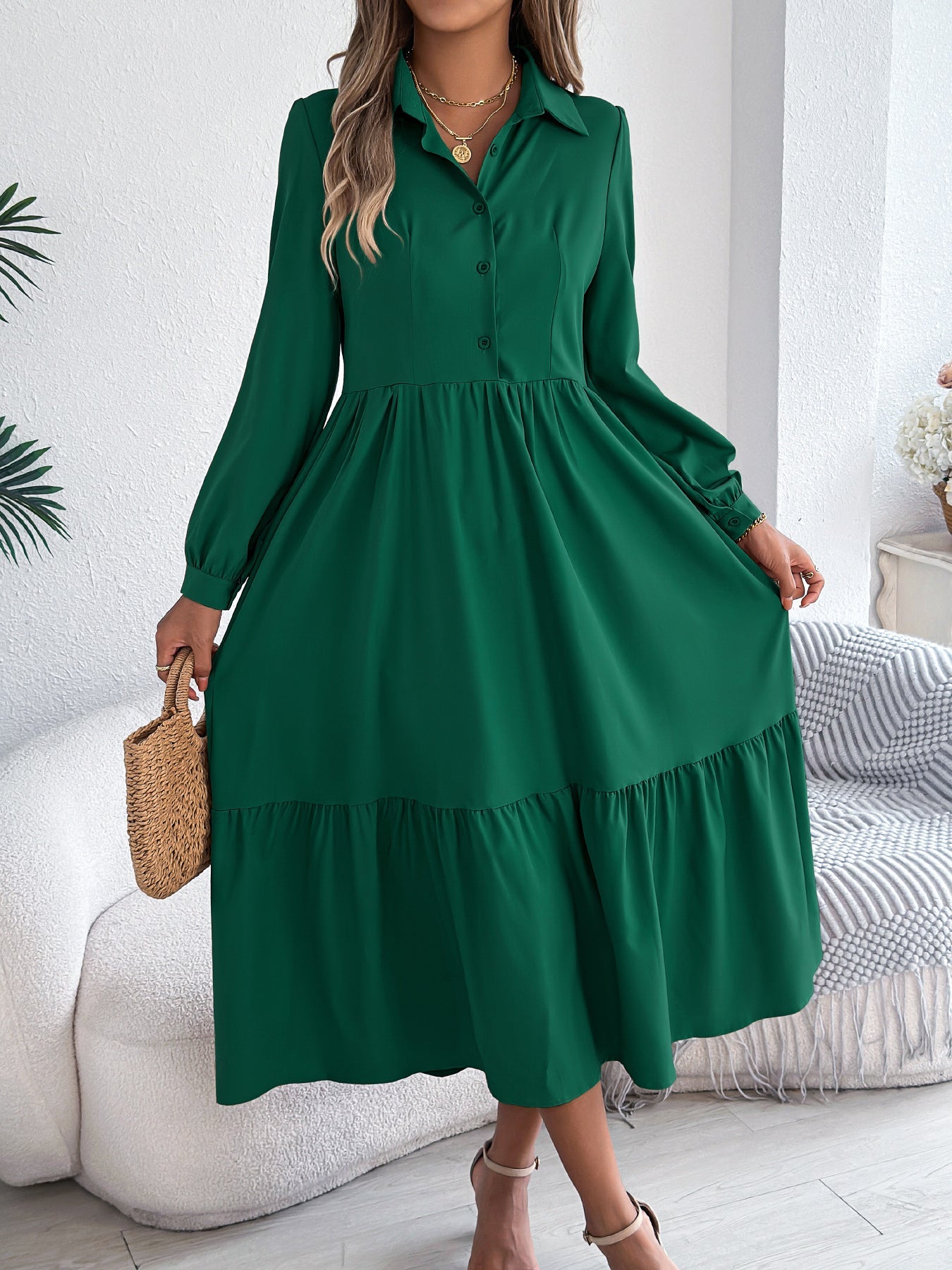 Women's Lapel Casual Loose Long Sleeve Ruffled Shirt Dresses Long Sleeved Turn - down Collar Single - Breasted Dress Spring Autumn Fashion Women's Clothing For Vacation - WAREHOUSE SHOP