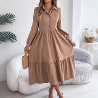 Women's Lapel Casual Loose Long Sleeve Ruffled Shirt Dresses Long Sleeved Turn - down Collar Single - Breasted Dress Spring Autumn Fashion Women's Clothing For Vacation - WAREHOUSE SHOP