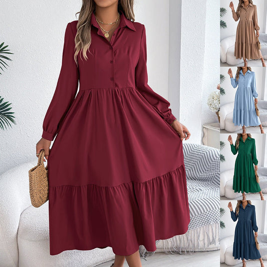 Women's Lapel Casual Loose Long Sleeve Ruffled Shirt Dresses Long Sleeved Turn - down Collar Single - Breasted Dress Spring Autumn Fashion Women's Clothing For Vacation - WAREHOUSE SHOP