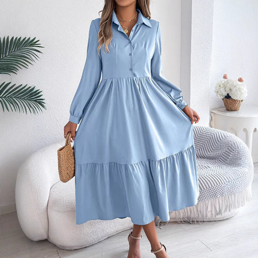 Women's Lapel Casual Loose Long Sleeve Ruffled Shirt Dresses Long Sleeved Turn - down Collar Single - Breasted Dress Spring Autumn Fashion Women's Clothing For Vacation - WAREHOUSE SHOP