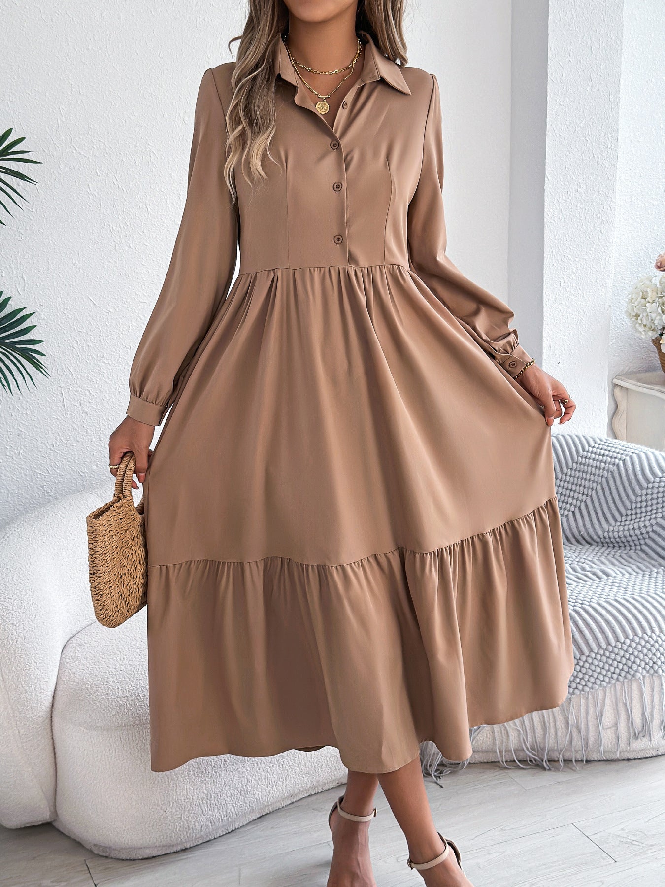Women's Lapel Casual Loose Long Sleeve Ruffled Shirt Dresses Long Sleeved Turn - down Collar Single - Breasted Dress Spring Autumn Fashion Women's Clothing For Vacation - WAREHOUSE SHOP