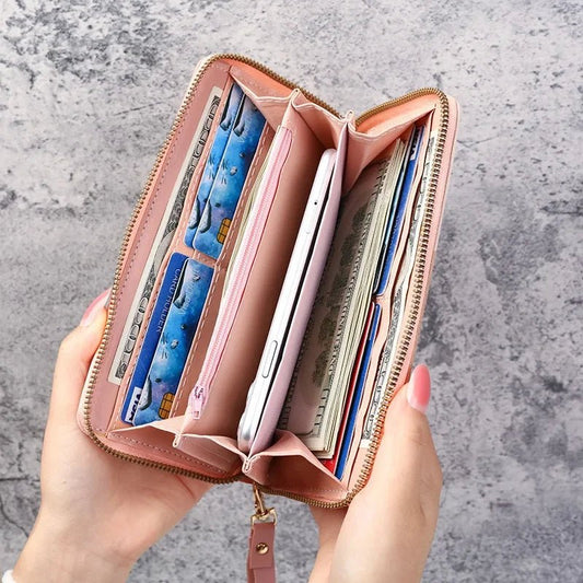 Women’s long PU leather zipper wallet with coin purse, card holder, and billfold design – stylish and practical everyday accessory. - WAREHOUSE SHOP