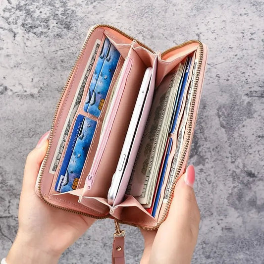 Women’s long PU leather zipper wallet with coin purse, card holder, and billfold design – stylish and practical everyday accessory. - WAREHOUSE SHOP